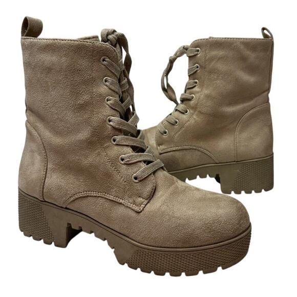 Chinese Laundry Size 8 Beige Tan Faux Suede Lace-Up Fall Moto Military Bootie - Picture 1 of 14